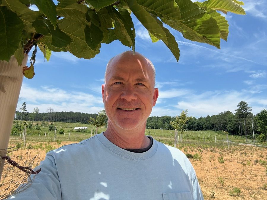 Rolf Versluis at his farm in north Georgia, young chestnut trees behind him on the pasture
